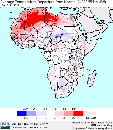 Africa Average Temperature Departure from Normal (USAF 557th WW) Thematic Map For 12/5/2022 - 12/11/2022
