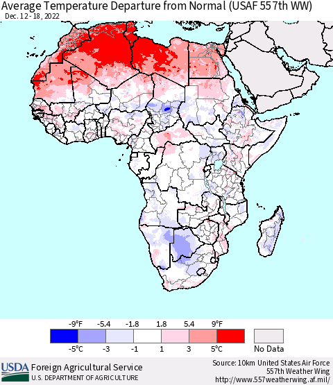 Africa Average Temperature Departure from Normal (USAF 557th WW) Thematic Map For 12/12/2022 - 12/18/2022