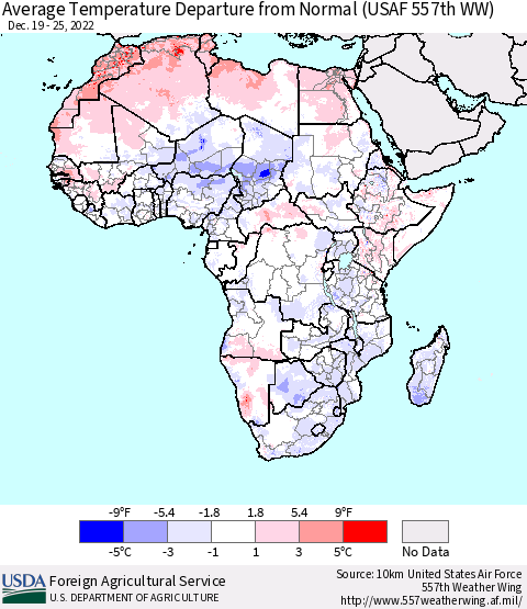 Africa Average Temperature Departure from Normal (USAF 557th WW) Thematic Map For 12/19/2022 - 12/25/2022