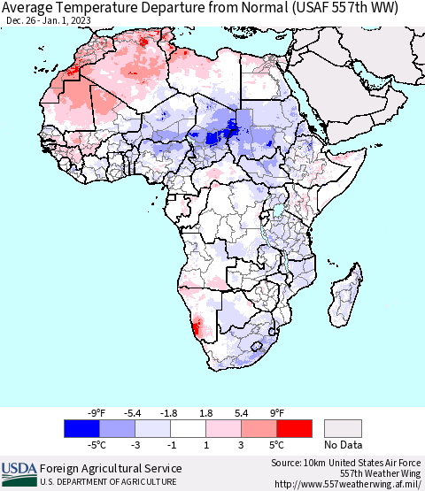 Africa Average Temperature Departure from Normal (USAF 557th WW) Thematic Map For 12/26/2022 - 1/1/2023