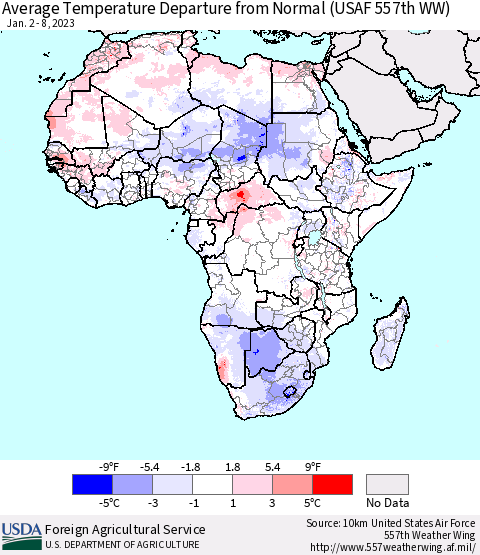 Africa Average Temperature Departure from Normal (USAF 557th WW) Thematic Map For 1/2/2023 - 1/8/2023