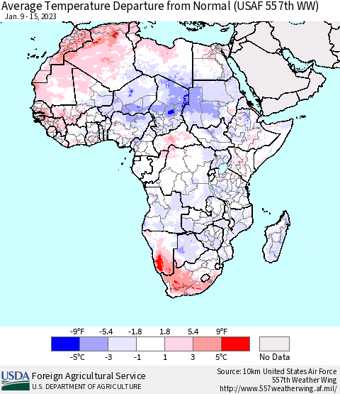 Africa Average Temperature Departure from Normal (USAF 557th WW) Thematic Map For 1/9/2023 - 1/15/2023