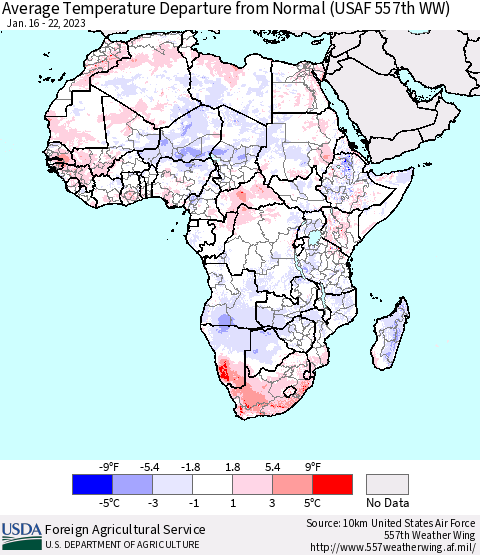 Africa Average Temperature Departure from Normal (USAF 557th WW) Thematic Map For 1/16/2023 - 1/22/2023