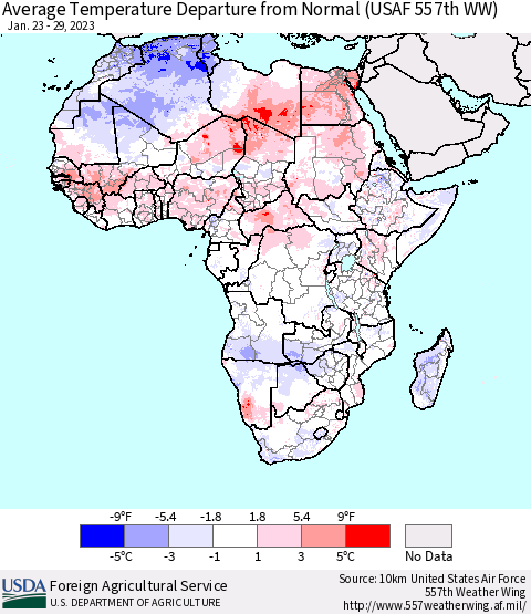 Africa Average Temperature Departure from Normal (USAF 557th WW) Thematic Map For 1/23/2023 - 1/29/2023