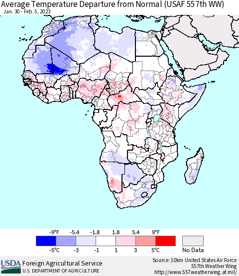Africa Average Temperature Departure from Normal (USAF 557th WW) Thematic Map For 1/30/2023 - 2/5/2023