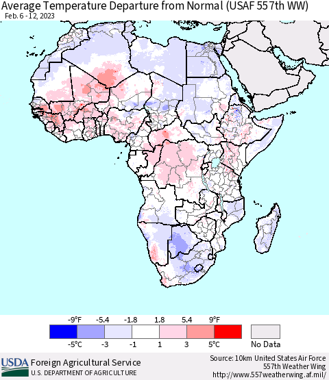 Africa Average Temperature Departure from Normal (USAF 557th WW) Thematic Map For 2/6/2023 - 2/12/2023