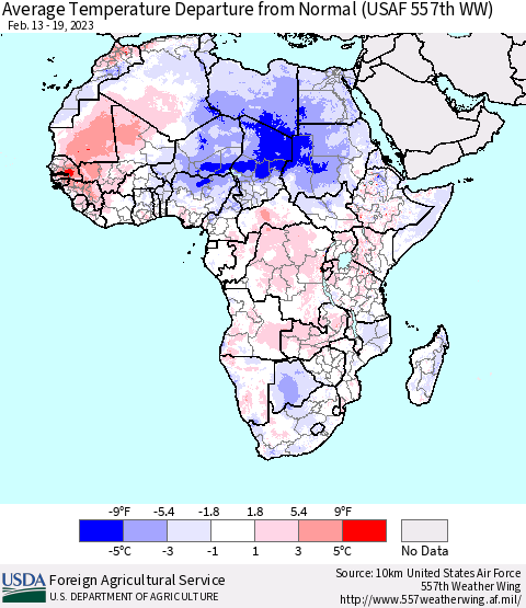 Africa Average Temperature Departure from Normal (USAF 557th WW) Thematic Map For 2/13/2023 - 2/19/2023