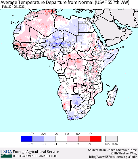 Africa Average Temperature Departure from Normal (USAF 557th WW) Thematic Map For 2/20/2023 - 2/26/2023