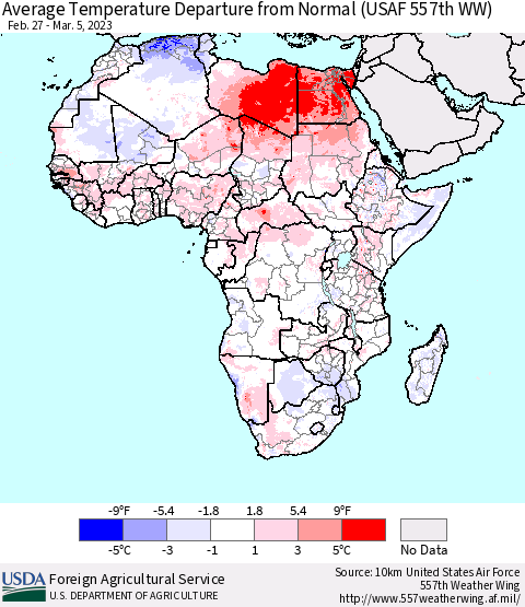 Africa Average Temperature Departure from Normal (USAF 557th WW) Thematic Map For 2/27/2023 - 3/5/2023