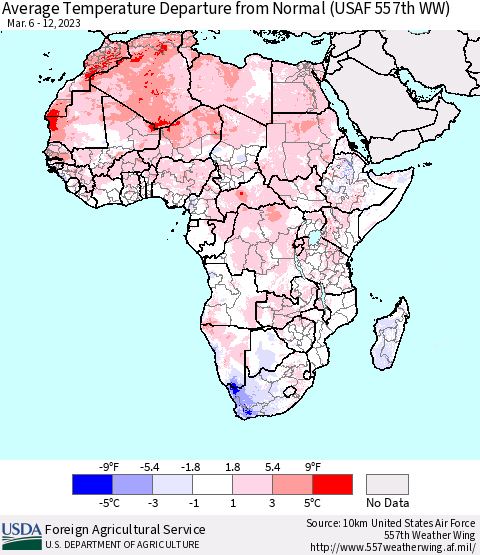 Africa Average Temperature Departure from Normal (USAF 557th WW) Thematic Map For 3/6/2023 - 3/12/2023