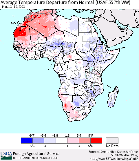 Africa Average Temperature Departure from Normal (USAF 557th WW) Thematic Map For 3/13/2023 - 3/19/2023