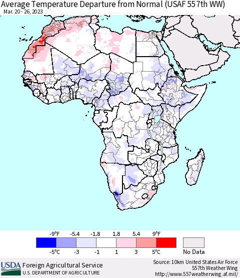 Africa Average Temperature Departure from Normal (USAF 557th WW) Thematic Map For 3/20/2023 - 3/26/2023
