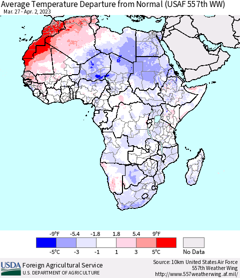 Africa Average Temperature Departure from Normal (USAF 557th WW) Thematic Map For 3/27/2023 - 4/2/2023
