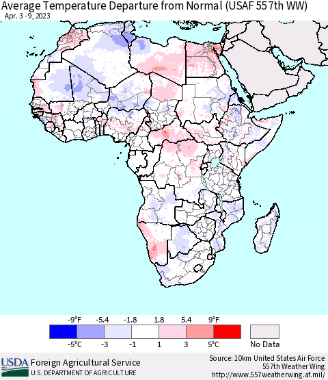 Africa Average Temperature Departure from Normal (USAF 557th WW) Thematic Map For 4/3/2023 - 4/9/2023
