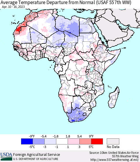 Africa Average Temperature Departure from Normal (USAF 557th WW) Thematic Map For 4/10/2023 - 4/16/2023