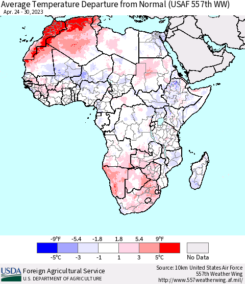Africa Average Temperature Departure from Normal (USAF 557th WW) Thematic Map For 4/24/2023 - 4/30/2023