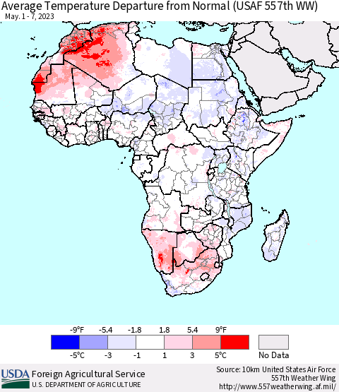 Africa Average Temperature Departure from Normal (USAF 557th WW) Thematic Map For 5/1/2023 - 5/7/2023