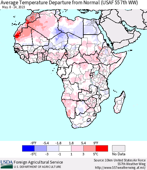 Africa Average Temperature Departure from Normal (USAF 557th WW) Thematic Map For 5/8/2023 - 5/14/2023