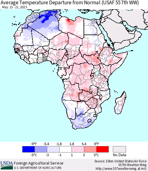 Africa Average Temperature Departure from Normal (USAF 557th WW) Thematic Map For 5/15/2023 - 5/21/2023