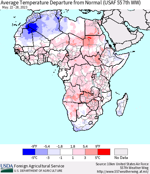 Africa Average Temperature Departure from Normal (USAF 557th WW) Thematic Map For 5/22/2023 - 5/28/2023