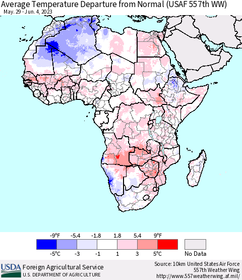 Africa Average Temperature Departure from Normal (USAF 557th WW) Thematic Map For 5/29/2023 - 6/4/2023