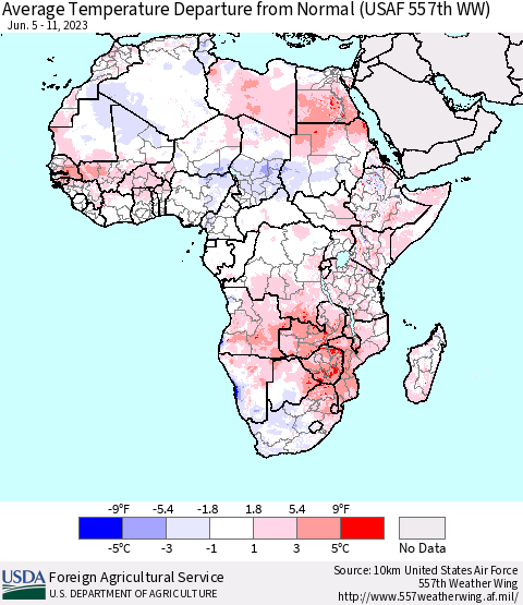 Africa Average Temperature Departure from Normal (USAF 557th WW) Thematic Map For 6/5/2023 - 6/11/2023
