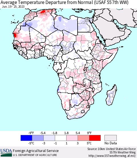 Africa Average Temperature Departure from Normal (USAF 557th WW) Thematic Map For 6/19/2023 - 6/25/2023