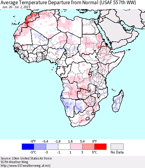 Africa Average Temperature Departure from Normal (USAF 557th WW) Thematic Map For 6/26/2023 - 7/2/2023