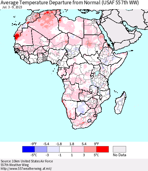 Africa Average Temperature Departure from Normal (USAF 557th WW) Thematic Map For 7/3/2023 - 7/9/2023