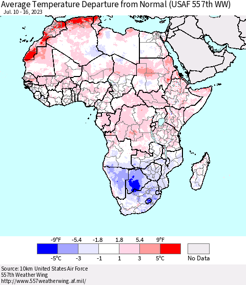 Africa Average Temperature Departure from Normal (USAF 557th WW) Thematic Map For 7/10/2023 - 7/16/2023