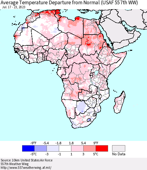 Africa Average Temperature Departure from Normal (USAF 557th WW) Thematic Map For 7/17/2023 - 7/23/2023