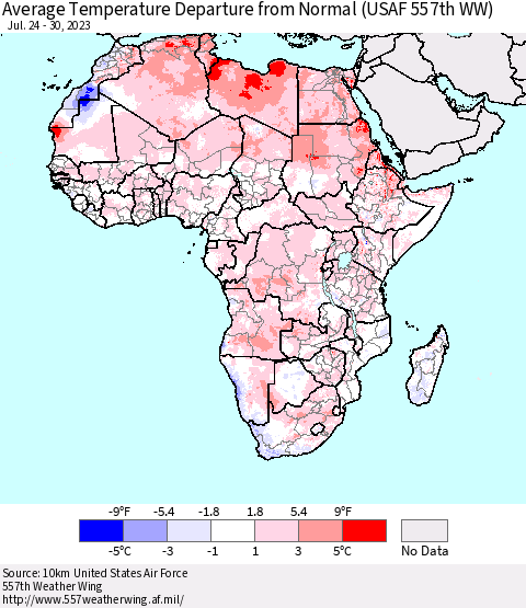 Africa Average Temperature Departure from Normal (USAF 557th WW) Thematic Map For 7/24/2023 - 7/30/2023