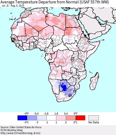Africa Average Temperature Departure from Normal (USAF 557th WW) Thematic Map For 7/31/2023 - 8/6/2023