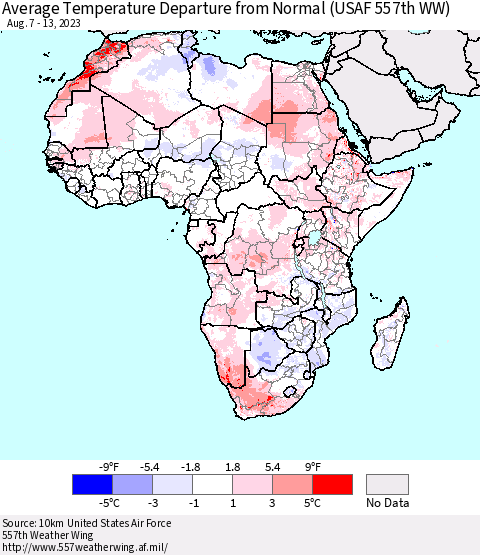 Africa Average Temperature Departure from Normal (USAF 557th WW) Thematic Map For 8/7/2023 - 8/13/2023