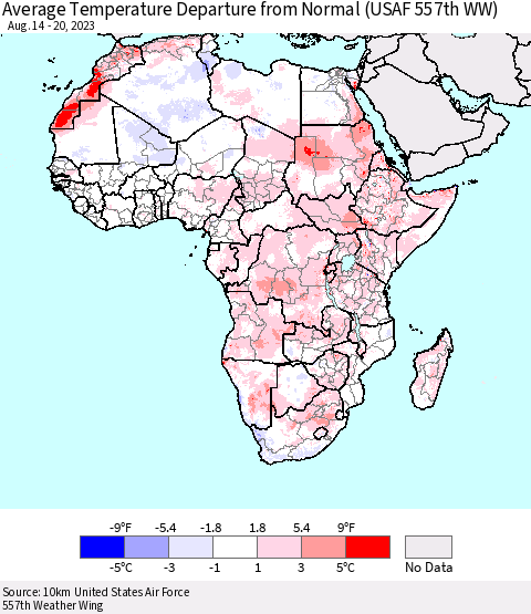 Africa Average Temperature Departure from Normal (USAF 557th WW) Thematic Map For 8/14/2023 - 8/20/2023