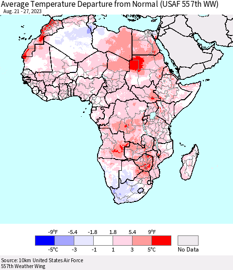 Africa Average Temperature Departure from Normal (USAF 557th WW) Thematic Map For 8/21/2023 - 8/27/2023