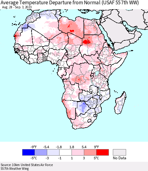Africa Average Temperature Departure from Normal (USAF 557th WW) Thematic Map For 8/28/2023 - 9/3/2023