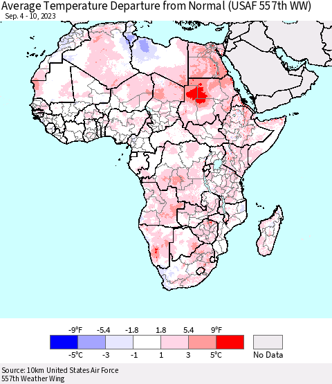 Africa Average Temperature Departure from Normal (USAF 557th WW) Thematic Map For 9/4/2023 - 9/10/2023