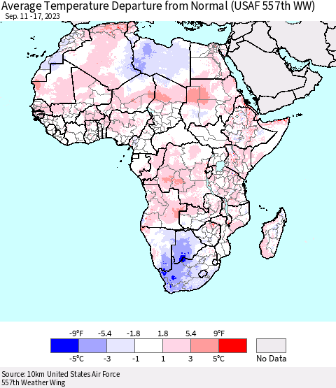 Africa Average Temperature Departure from Normal (USAF 557th WW) Thematic Map For 9/11/2023 - 9/17/2023