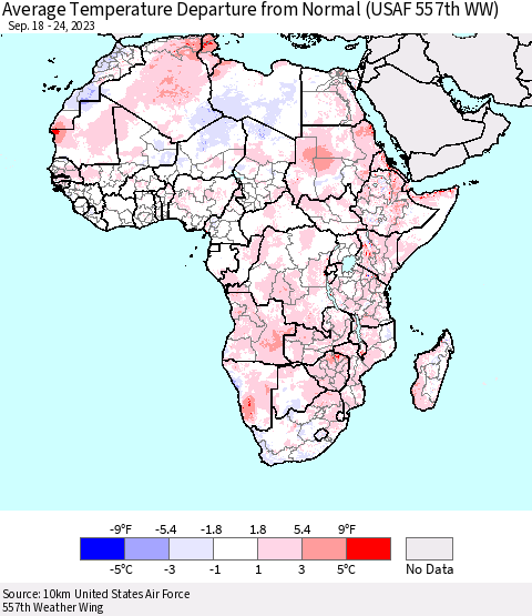 Africa Average Temperature Departure from Normal (USAF 557th WW) Thematic Map For 9/18/2023 - 9/24/2023