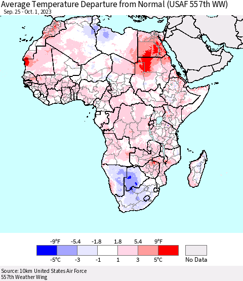 Africa Average Temperature Departure from Normal (USAF 557th WW) Thematic Map For 9/25/2023 - 10/1/2023
