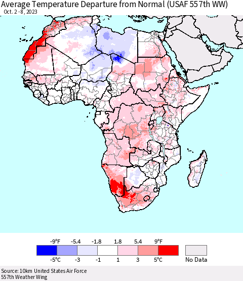 Africa Average Temperature Departure from Normal (USAF 557th WW) Thematic Map For 10/2/2023 - 10/8/2023