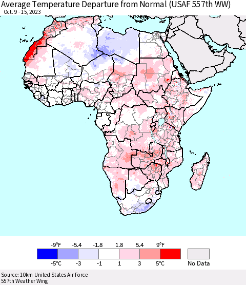 Africa Average Temperature Departure from Normal (USAF 557th WW) Thematic Map For 10/9/2023 - 10/15/2023