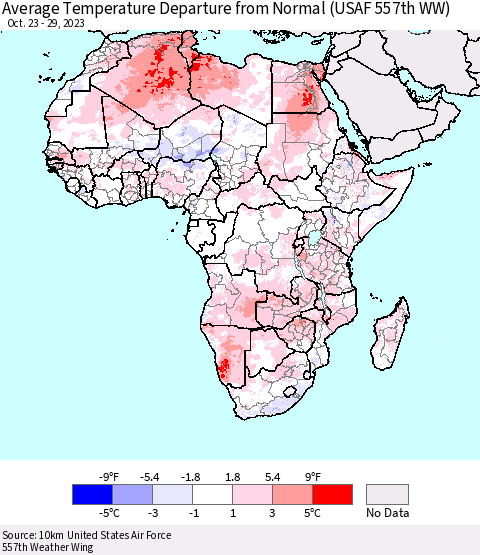 Africa Average Temperature Departure from Normal (USAF 557th WW) Thematic Map For 10/23/2023 - 10/29/2023