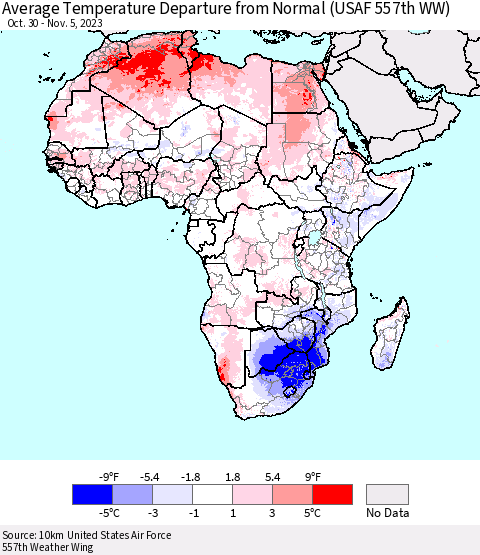 Africa Average Temperature Departure from Normal (USAF 557th WW) Thematic Map For 10/30/2023 - 11/5/2023