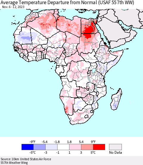 Africa Average Temperature Departure from Normal (USAF 557th WW) Thematic Map For 11/6/2023 - 11/12/2023