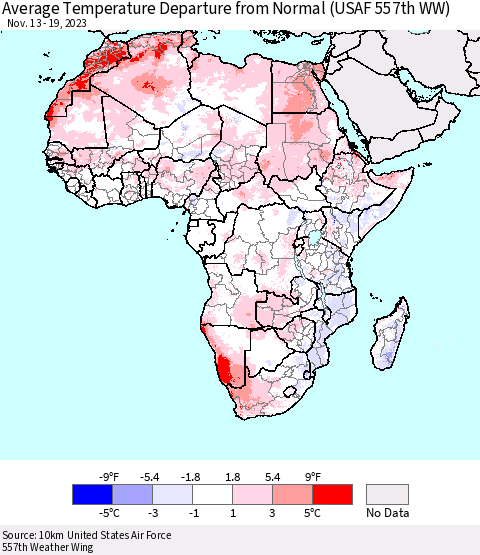 Africa Average Temperature Departure from Normal (USAF 557th WW) Thematic Map For 11/13/2023 - 11/19/2023
