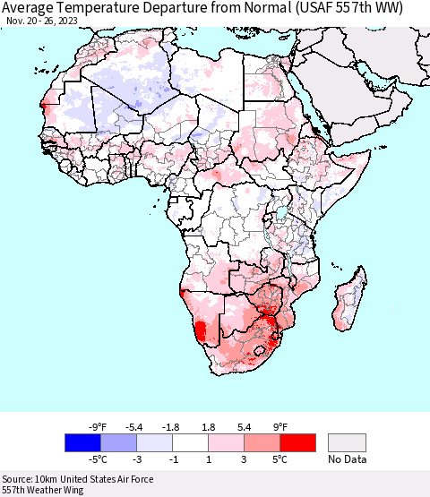 Africa Average Temperature Departure from Normal (USAF 557th WW) Thematic Map For 11/20/2023 - 11/26/2023
