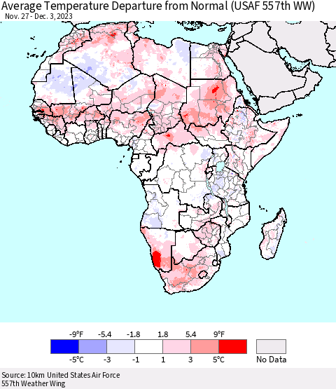 Africa Average Temperature Departure from Normal (USAF 557th WW) Thematic Map For 11/27/2023 - 12/3/2023