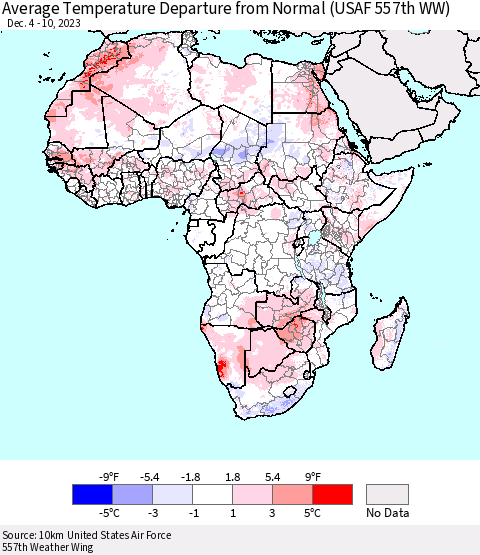 Africa Average Temperature Departure from Normal (USAF 557th WW) Thematic Map For 12/4/2023 - 12/10/2023